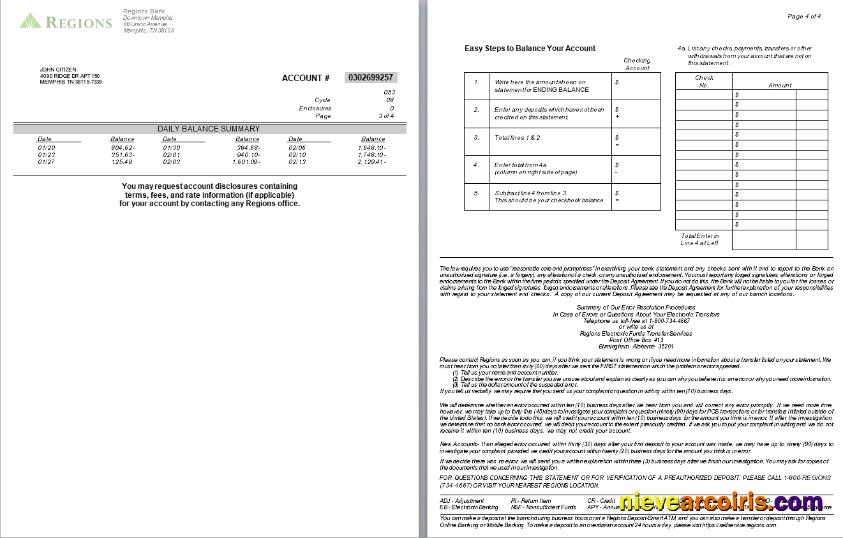 USA Tennesse Regions bank statement, 4 pages, version 2, 3-4 scr